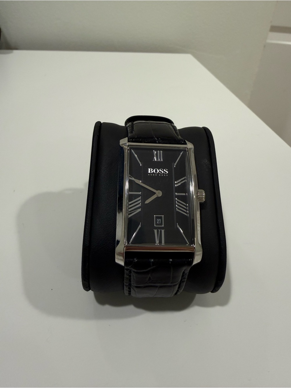 Hugo Boss Black Dial Silver-Tone Leather Rectangular Dress Watch